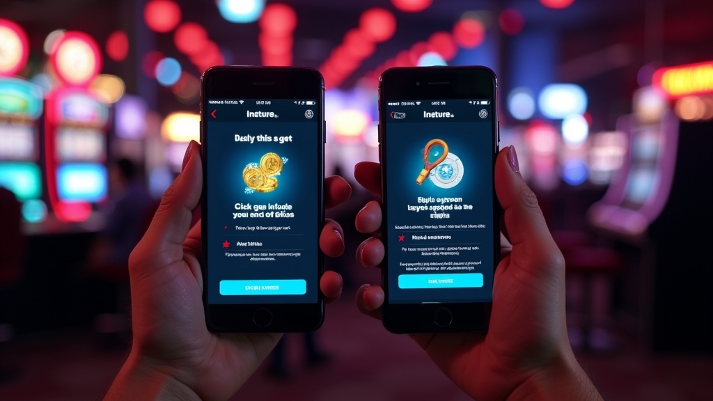 Android and iPhone showing app installation prompts in a casino-themed scene