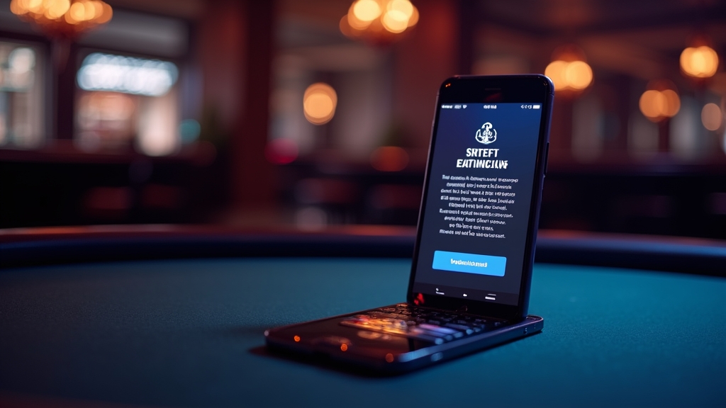 Smartphone showing a safe casino app download screen in a dark casino setting