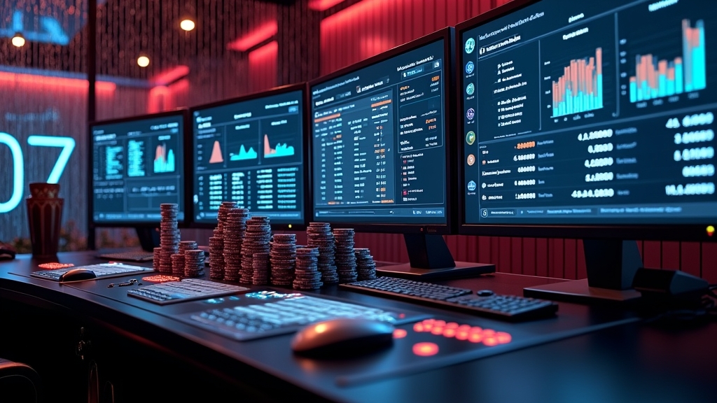 Payment dashboard and casino chips in a dark neon control room.