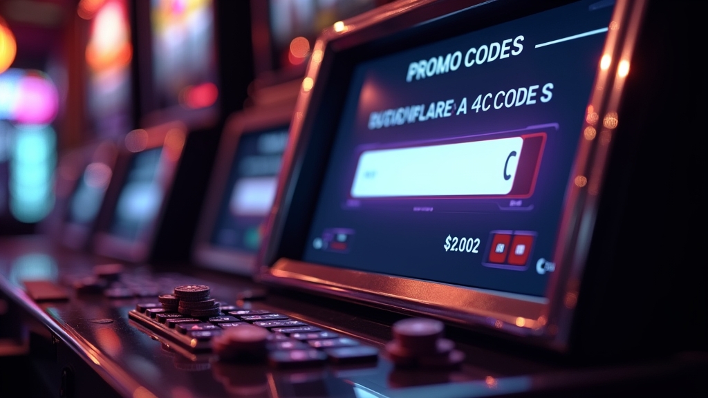 Casino promo code entry screen beside glowing slot machines and chips