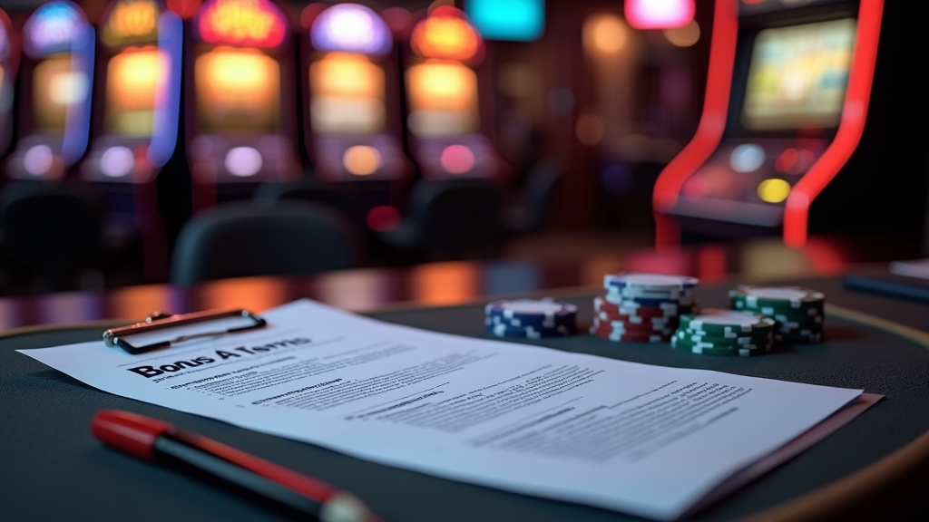 Casino review desk with bonus terms checklist and slot machines in the background