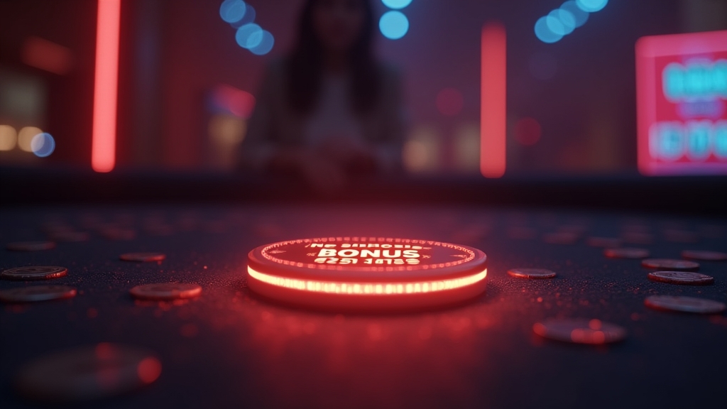 Small glowing no deposit bonus token on a casino table with slot reels in the background