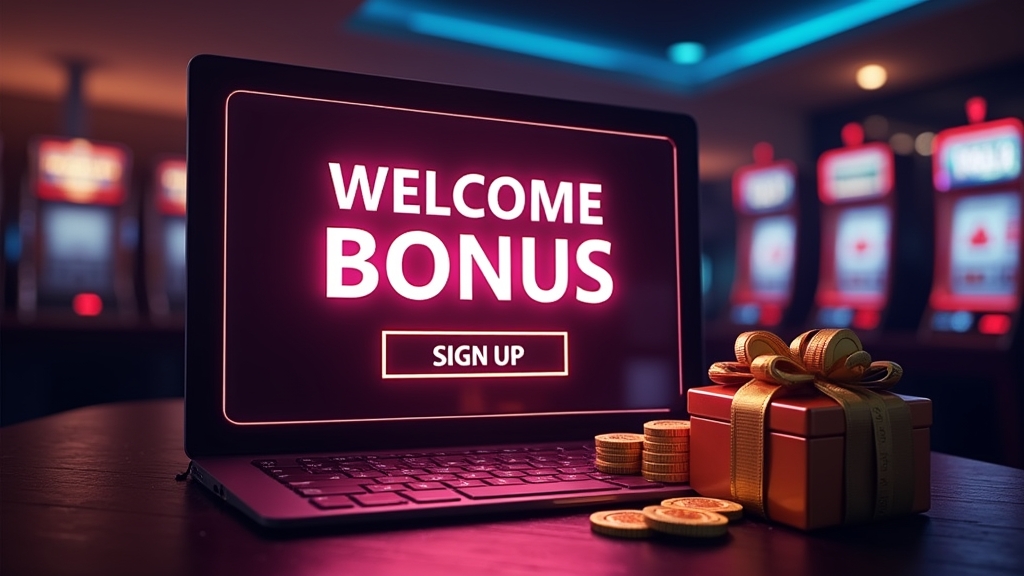Player viewing a glowing welcome bonus offer in a dark casino lounge