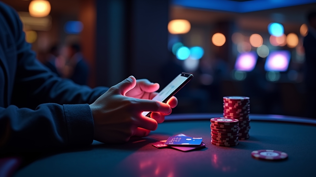 Player making a casino deposit on a smartphone in a dark neon lounge.